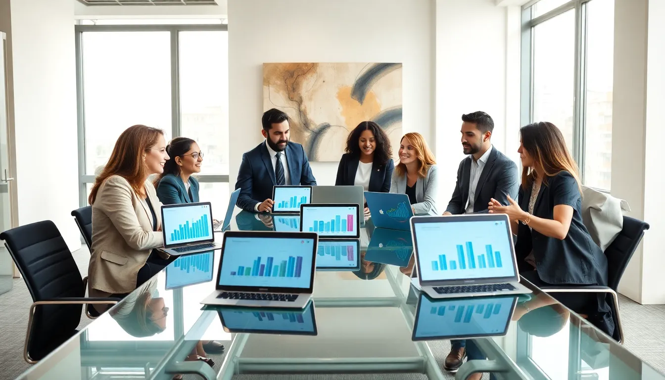 professionals collaborating with digital tools in a modern office.