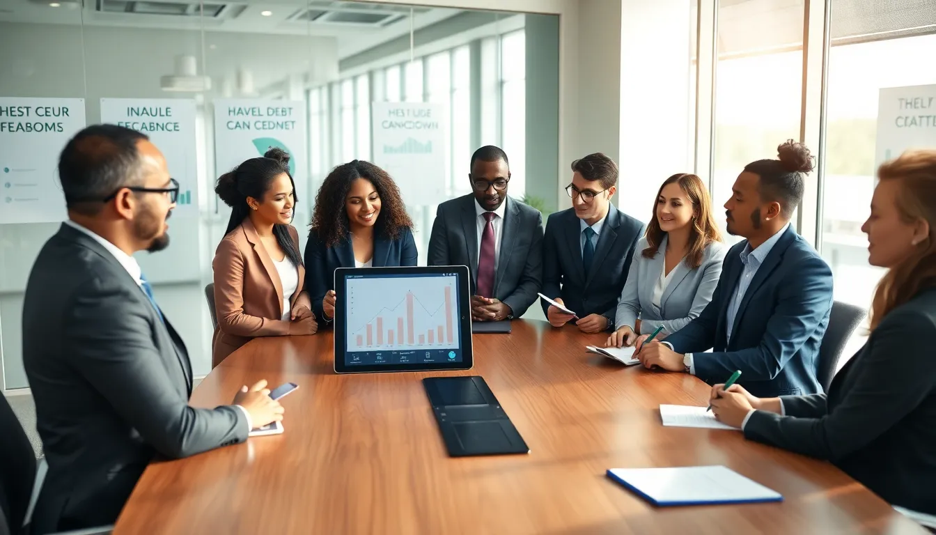diverse financial advisors discussing debt solutions in a modern office.