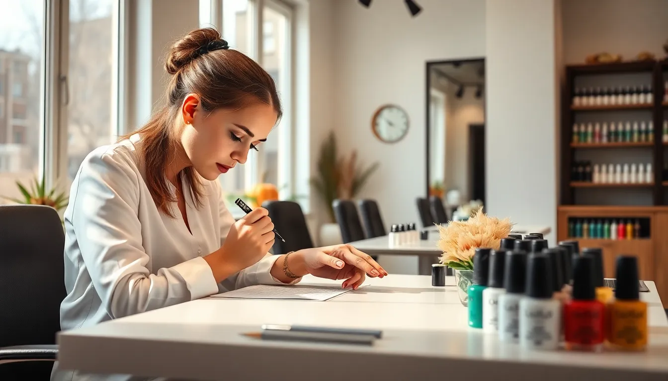 nail artist creating trendy nail designs with vibrant colors and patterns.