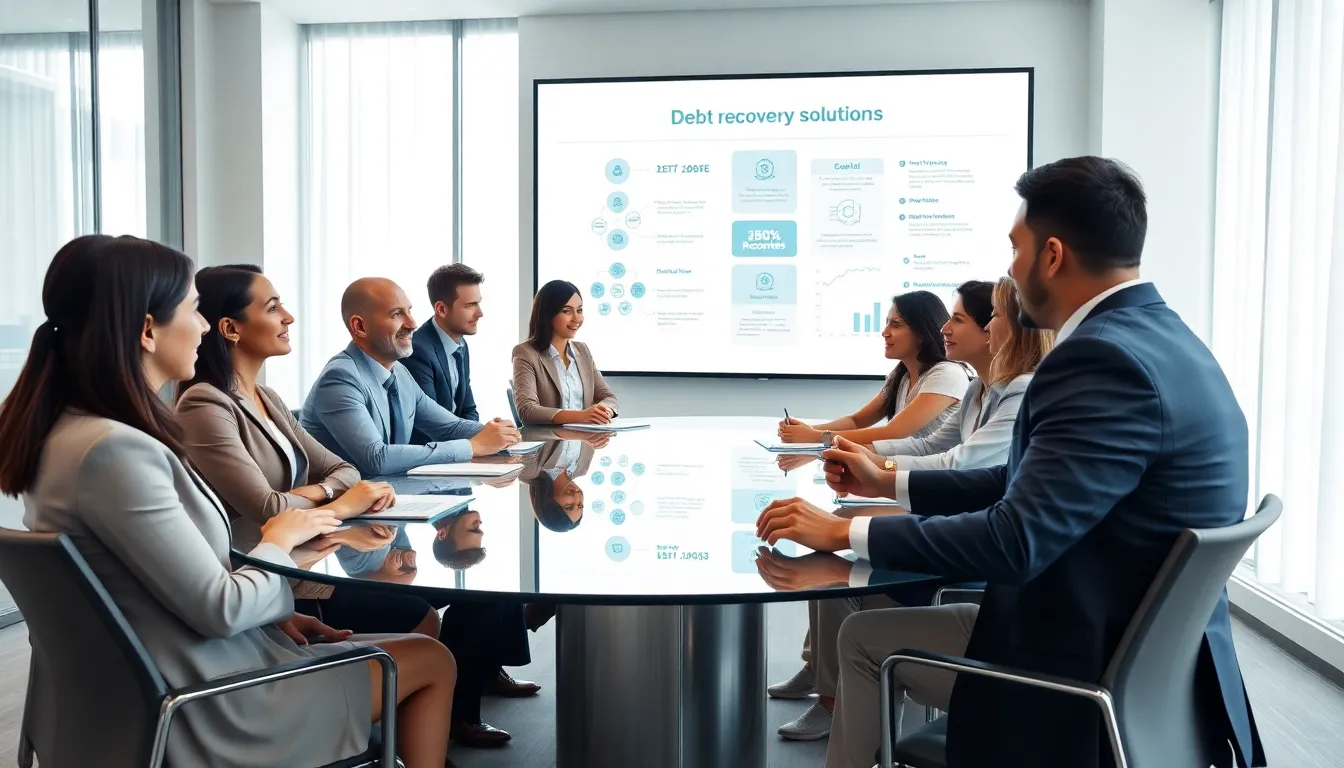 team discussing debt recovery solutions in a modern office.