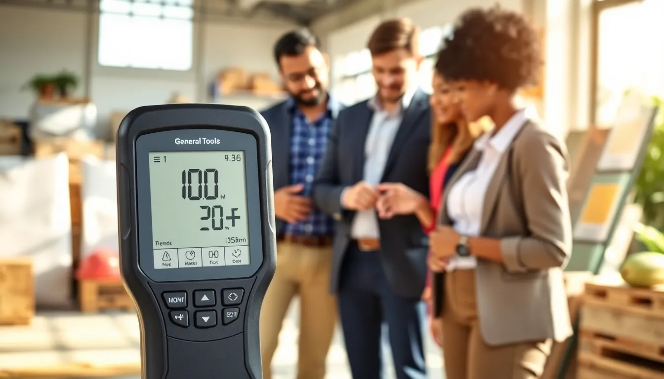 digital moisture meter in a professional workspace with diverse team.
