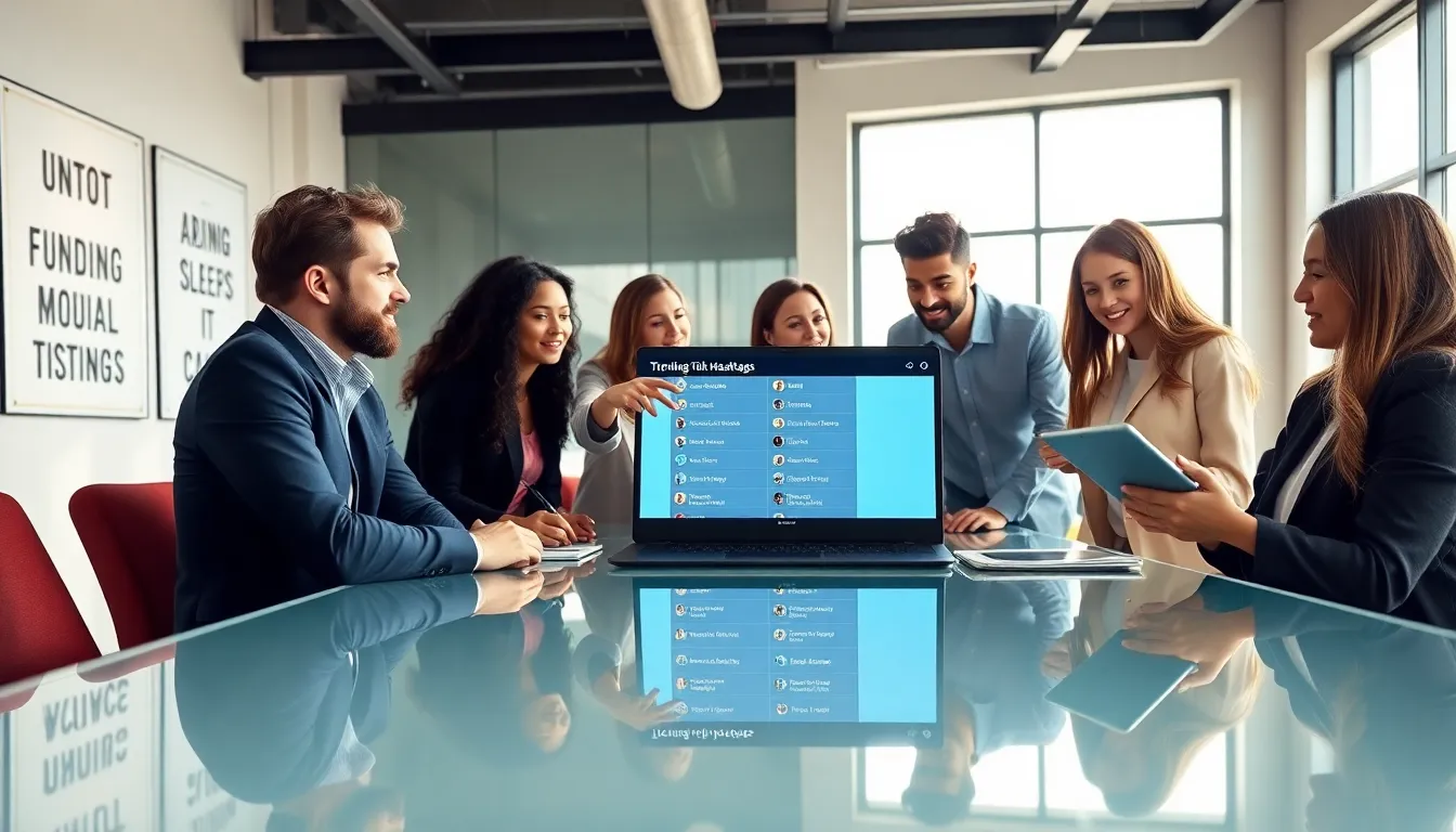 team discussing trending TikTok hashtags in a modern office.