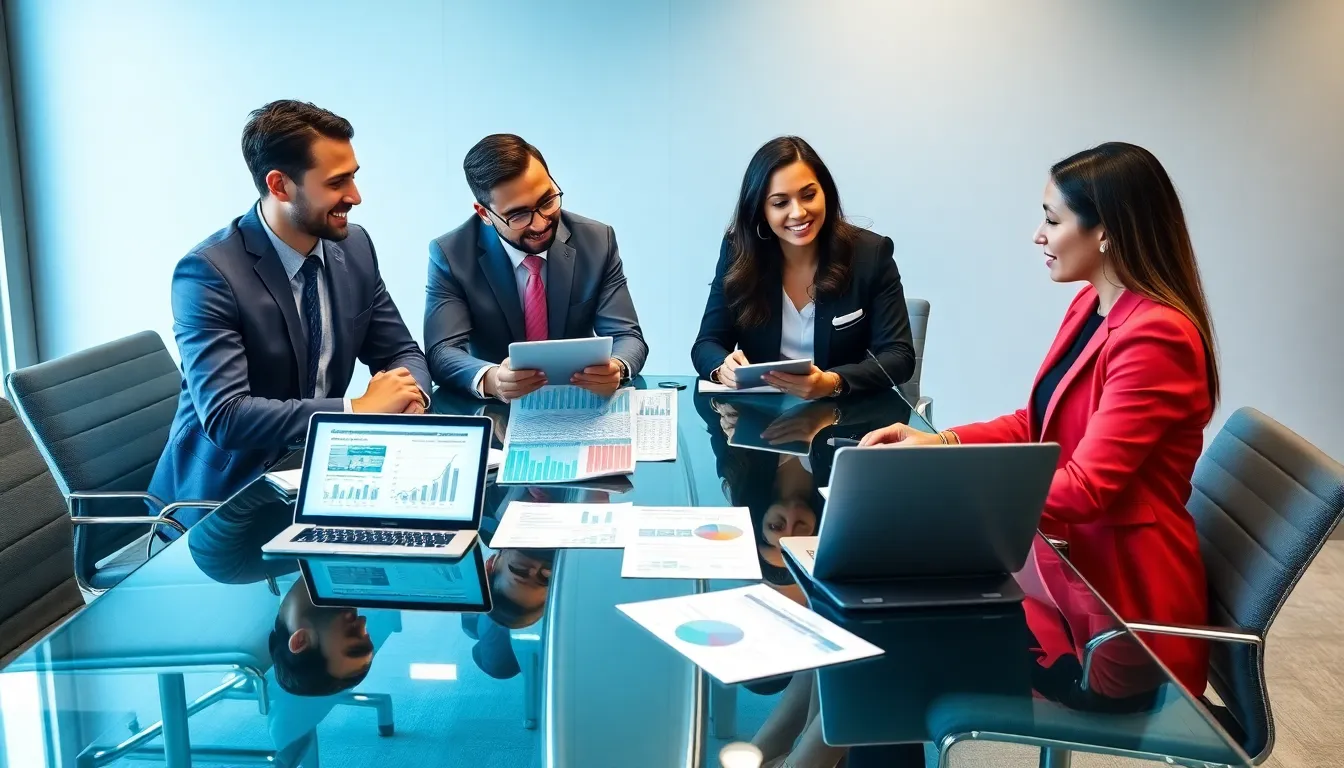 diverse financial advisors discussing debt solutions in a modern office.