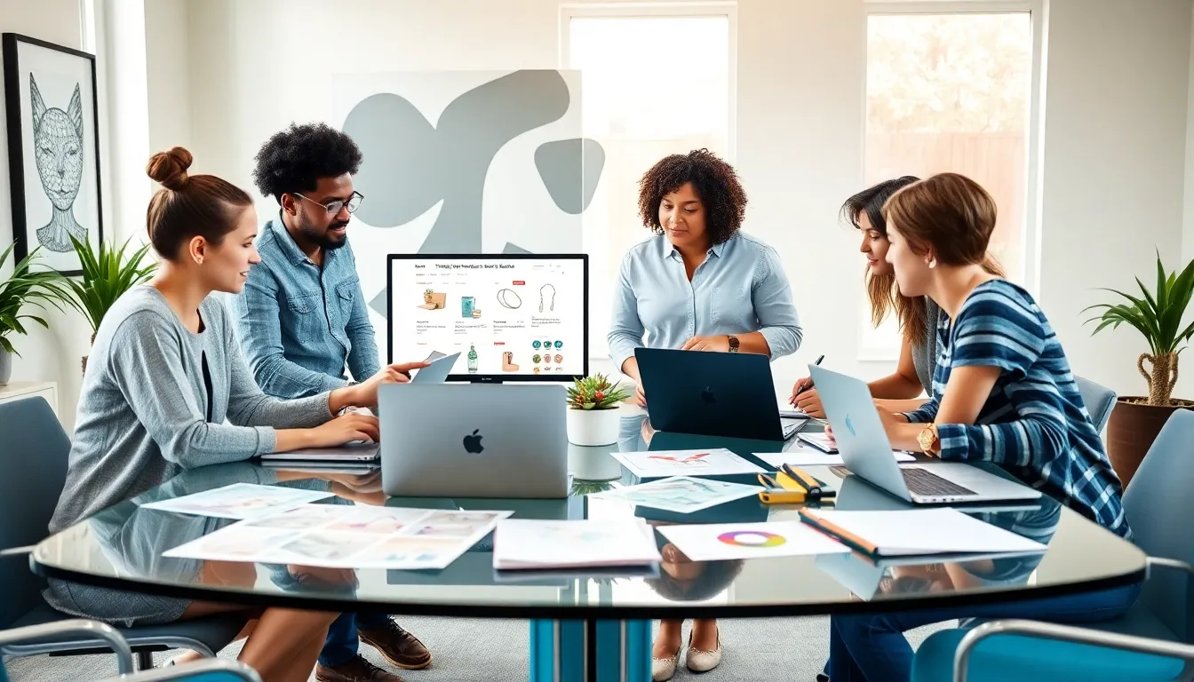 diverse team discussing Etsy trends in a modern office.